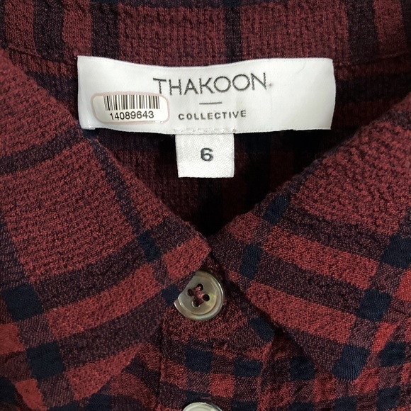 THAKOON COLLECTIVE Crinkle Crepe Plaid Dark Academia ShirtDress Maroon Designer - Picture 8 of 14
